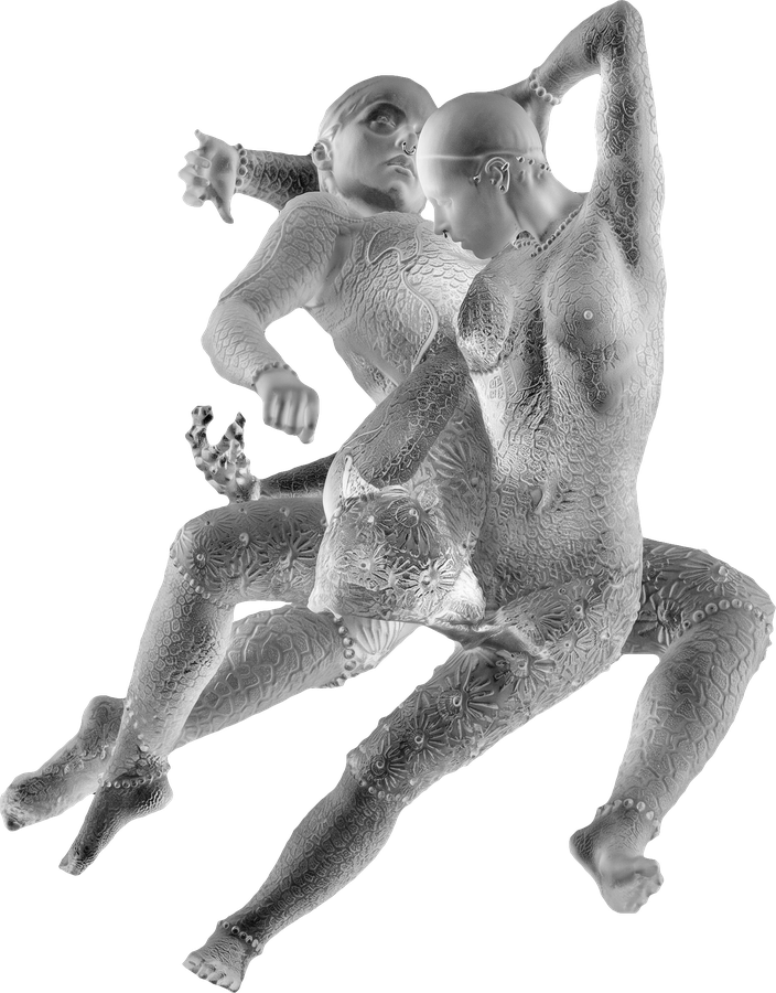 MASS BODY emblem: two entwined figures, skin rendered as mineral pattern