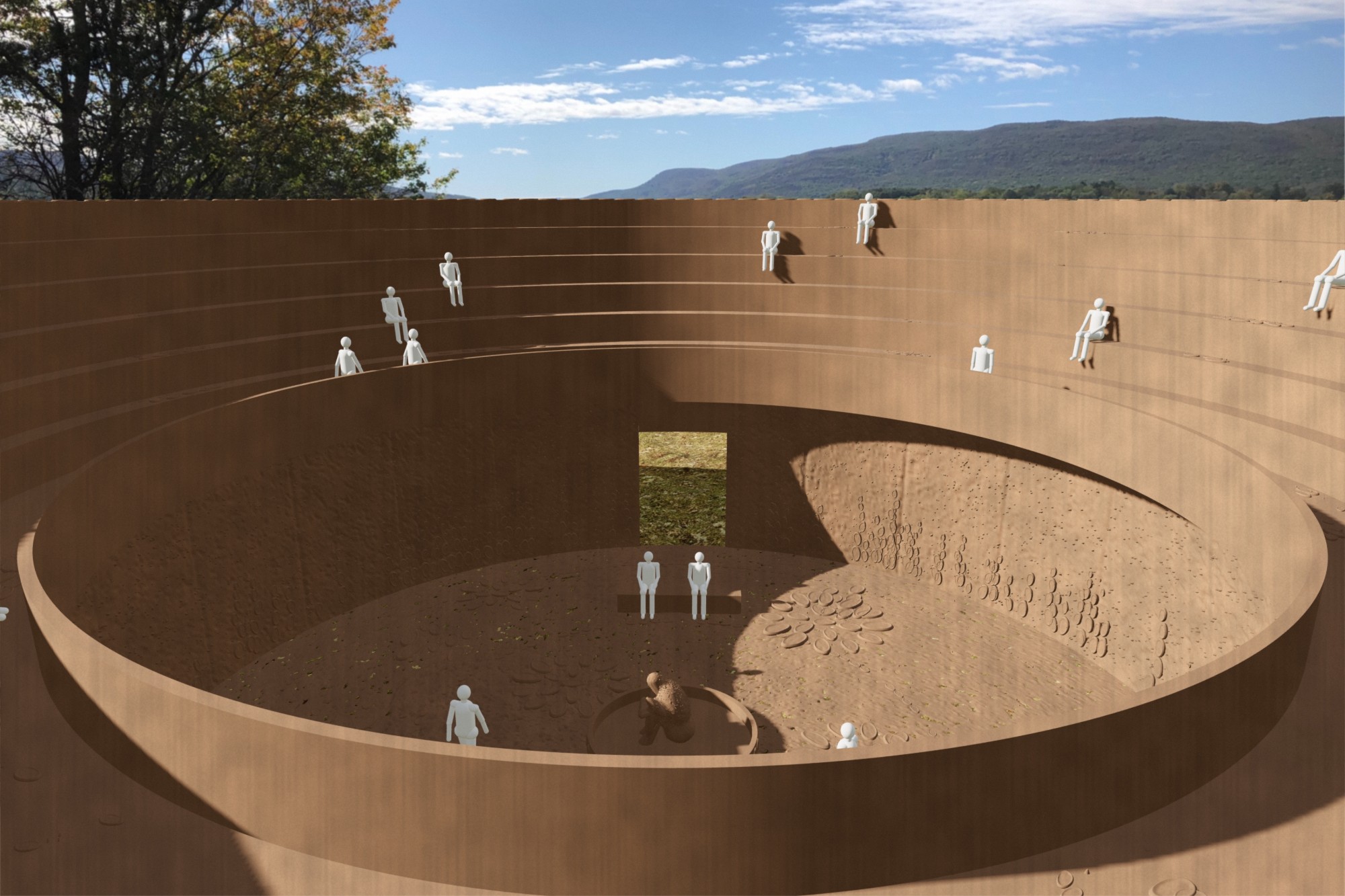 Render of the MASS BODY pavilion interior from above: raked tiers with seated visitors, the elevated walkway, the entry, and the human remains sculpture on its plinth at the centre of the field